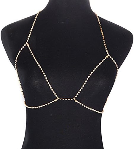 Shlonger Womens Fashion Rhinestone Bra Chain Choker Necklace Sexy Harness Bikini Body Chains Jewelry Gold