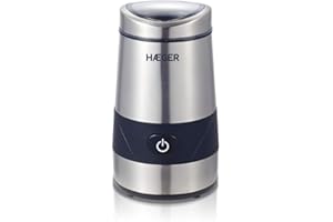 HAEGER Aroma - Molino de café con 200W de Potencia, Capacidad de 60grms, Cuerpo en Acero INOX, Cuchilla de Alto Rendimiento, sólo Funciona con Tapa montada, Tapa con Ventana