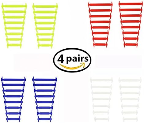 No Tie Waterproof Shoelaces for Kids and Adults, Flat Elastic Silicone Shoe Laces with Multiple colors for Sneaker Boots Board Shoes and Casual Shoes (White + Yellow + Red + Blue)