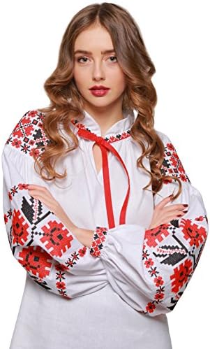 Embroidered Shirt white woman. Ukrainian Vyshyvanka Boho sleeve blouse (L)