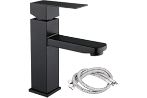 PLLYPE Kaltwasser Warmwasser Mischbatterie, Matt Eckige Waschbeckenarmatur, Wasserhahn Bad Schwarz mit 2 Schläuche, Waschtischarmatur Waschbecken Edelstahl, für Badezimmer, Küche