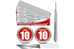SURGICLASS Skalpellklingen Figur 10 aus Karbonstahl 10 Stück steril + Skalpell-Halter - Edelstahl Perfekt für Holzkunst, Chirurgie, Bildhauerei, Laboranatomie, Kartenherstellung, Labortraining SURGIRD10-10