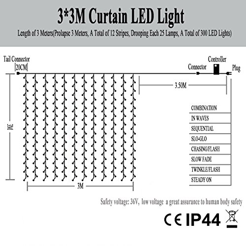 Upgraded OMGAI 300LEDs Vorhang-Licht Mit 8 Modi Für Weihnachten Neujahr Party Hochzeit Home Decoration Fairy Lights Garden Decorations 3m*3m (Upgraded Low Voltage) Weiß - 6