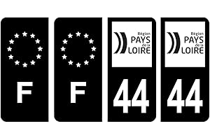 HADEXIA Lot 4 Autocollants Plaque immatriculation département 44 Loire-Atlantique Région Pays de la Loire Noir & F France Europe