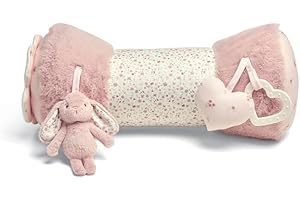 Mamas & Papas Tummy Time Roll, Interactive Soft Baby Pillow with Integrated Rattle, Welcome to The World, Pink
