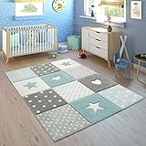 Material: 100 % polipropileno Paco Home Alfombra Infantil Habitación Cuadros Puntos Corazones Estrellas Pastel Azul Gris, tamaño:140x200 cm