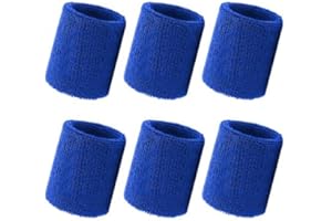 EHUIHUAN Lot de 6 bandeaux éponge pour poignet - Bandeau éponge de tennis pour homme - Bandeau de transpiration pour garçons et filles - Bracelet de sport souple absorbant la transpiration - Bleu