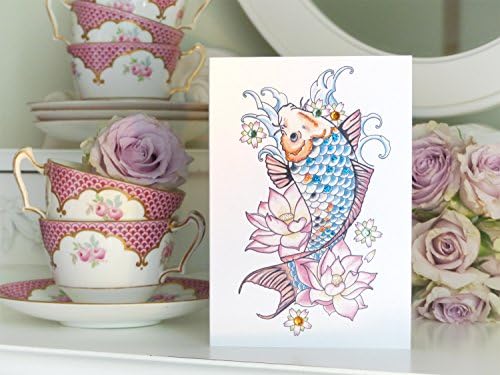 Japanese Koi Carp And Lotus Flower Tattoo Luxury Handmade Blank Birthday Card