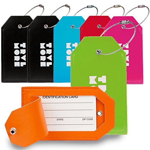 7 Pack TravelMore PU Leather Luggage Tags for Suitcases w/Privacy Cover - Travel ID Identifier Labels Set for Bags & Baggage - Men & Woman - Assorted