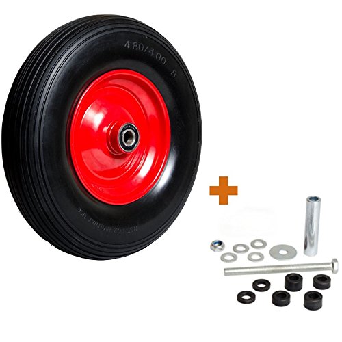 Pannensicheres Schubkarrenrad inkl. Universal Achsen-Set, Vollgummi-Reifen 400 mm mit Präzisions-Kugellager, Universal Schubkarren-Reifen PU auf Stahlfelge mit 150 kg Traglast