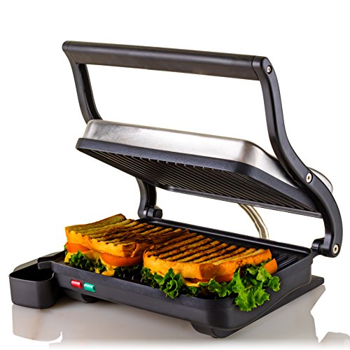 Ovente 2-Slice Electric Panini Press Grill and Gourmet Sandwich Maker with Auto Shut-Off, Drip Tray Included, Nickel Brushed (GP0620BR), Stainless Steel
