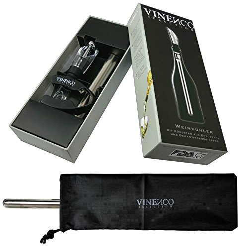 Weinkühler von VINENCO + Folienschneider, Edelstahl-Stopper & Aufbewahrungsbeutel – Premium 3-in-1 Flaschenkühler mit Dekantier-Ausgießer und Edelstahl-Kühlstab - 6