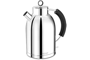 ASCOT Electric Kettle, Stainless Steel Electric Tea Kettle Gifts for Men/Women/Family 1.5L Retro Tea Heater & Hot Water Boiler, Auto Shut-Off and Boil-Dry Protection (Polished Silver)