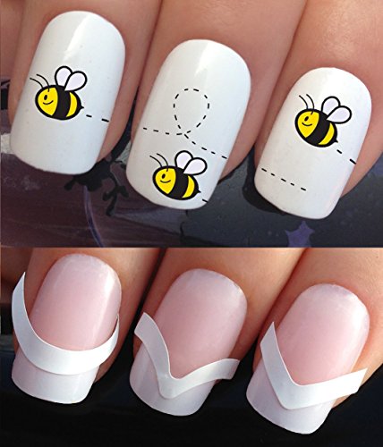 WATER NAIL TRANSFERS DECALS STICKERS ART SET #694 & 172. **plus x48 nail tip guides!!** x16 BUZZY BEE FLYING SKY TRAIL NAIL TATTOO WRAPS & x48 FRENCH MANICURE TIP GUIDES! CAN BE USED WITH NATURAL GEL ACRYLIC STICK ON NAILS! OR WITH GLITTER DUST CAVIAR BEADS ALLOYS DECORATIONS CONFETTI FIMO SHAPES TAPE PENS RHINESTONES!