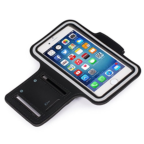 MOVOJA Sport-Fitness-Jogging-Armband Schwarz HÃ¼lle Case fÃ¼r Smartphone Handy Neopren Oberarmtasche | mit KopfhÃ¶hreranschluss geeignet fÃ¼r iPhone 6, iPhone 6s.