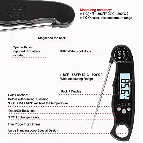 SANNU Digitales Fleisch Thermometer Sofort lesen Thermometer mit Long Probe & Back Licht, wasserdicht Küche Thermometer für Kochen Fleisch BBQ Türkei Grill, Wasser, Milch,Schnell & Auto Ein / Aus - 4