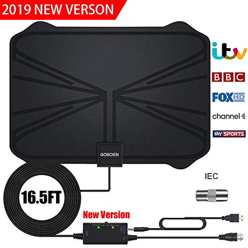 TV Aerial, Amplified HD Digital TV Antena con rango de 65 + Millas con Amplificador Ajustable Señal Booster 4K 1080P HD Vida Canales Locales Soporte Todos los TV -16.5ft Coax Cable