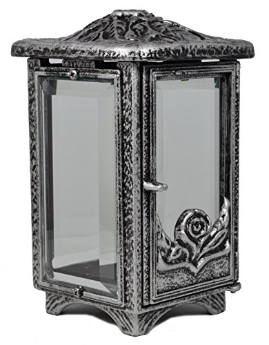 Paul Jansen Grablaterne eckig mit Facettenscheiben und Rosendekor Höhe 22 cm, schwarz / silber