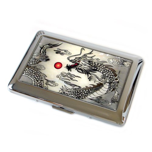 Antique Alive Mother of Pearl Black Dragon Design da Uomo inciso Metallo portasigarette di