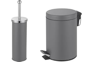 iTrend 3L Pedal Dustbin and Toilet Brush with Holder set - Bathroom Accessory - Powder Coated Steel Bin with lid - Toilet Brush with Stainless Steel Handle, Round Lid and Dense Bristles - Grey