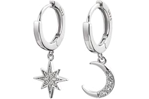 IMINI CZ Moon Star Dangle Small Hoop Earrings for Women Girls Sterling Silver Charms Crystal Asymmetrical Snowflake Crescent Drop Mini Cartilage Clip Jewelry Delicate Fashion Birthday Gifts