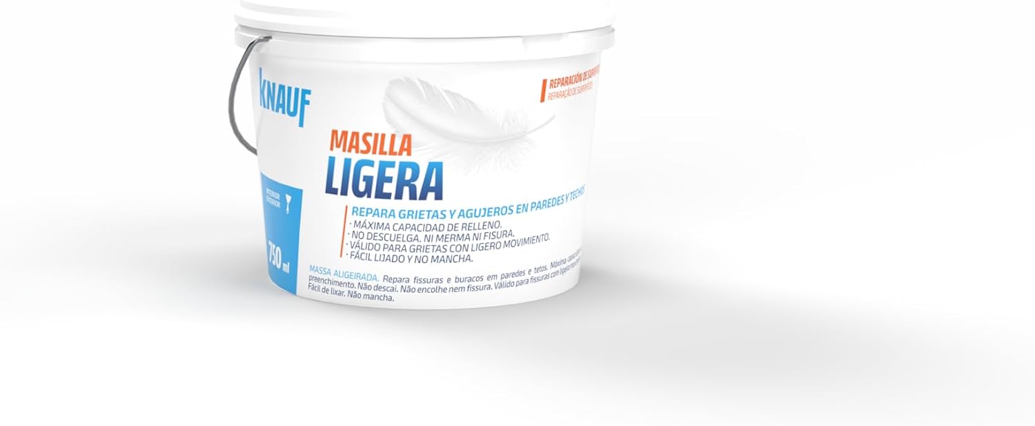 KNAUF - Masilla Ligera 750 ml - Color Blanco - Repara Grietas y Agujeros en Paredes y Techos - Alta Ligereza y Secado Rápido - Masilla con Máxima Capacidad de Relleno - Lista para Usar