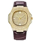 Luckhome Herren Armbanduhr Ladies Dress Analog Quarz Collection Uhr Uhren Quarzuhr Männer Sport Analoge Datums Lederband des Quarzes Volles Kristall Stabiles Geschenk（Gold）