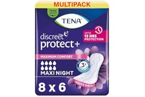 48 x Tena Lady Discreet Maxi Night Incontinence Pads for Women, 8 Packs of 6, with Medium to Heavy Bladder Weakness, Specifically Designed for Night Time Protection with Wider Back and Extra Length