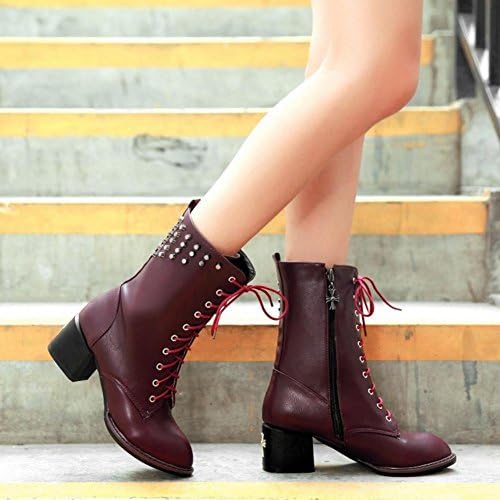 Best 4U? Women's Shoes Premium PU Rivet Zipper Chunky Heels Platform 5cm High Heels Rubber Sole Martin Boots , Wine Red , 37
