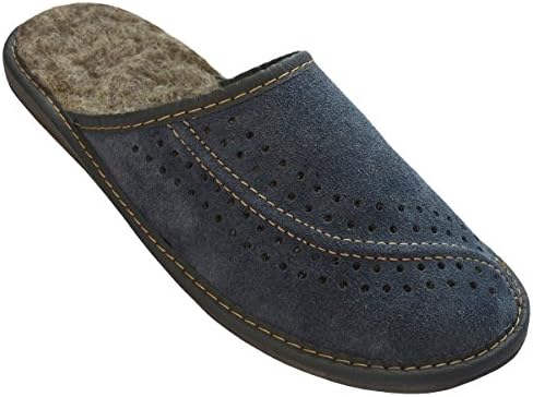 Bawal Warm Men's Wool Slippers with Suede Leather | 100% Wool | High Quality | Brown, Blue Model XH07 (45, Blue)