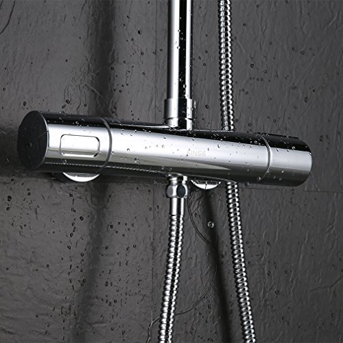 KINSE Duschsystem mit Thermostat Aufputz, Überkopfbrause-Set mit flach Kopfbrause und Handbrause, höhenverstellbar, rund, chrom - 4