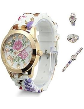 tia-ve Hot Fashion Frauen Kleid Armbanduhr Silikon bedruckt mit Blumen ursächlichen Quarz Armbanduhren (Hot Pink)