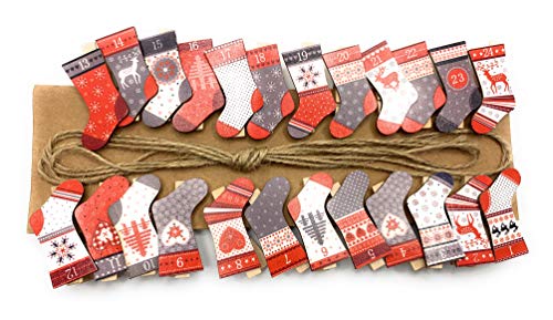 Boltze Calendrier de l'Avent Chaussettes à Suspendre avec Pinces en Bois Rouge/Gris/Blanc