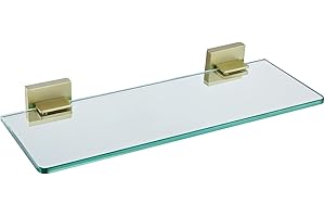KOKOSIRI Wall Shelves Floating Bathroom Glass Shelf Kitchen Storage, 12'' x 5.6'' Tempered Glass Wall Mounted Brushed Gold Stainless Steel B1106BG-L12