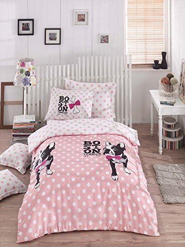 omses Bedding Set 2 Pieces Cotton Rich Quality Linen Single Quilt Duvet Cover Pink Fuchsia Black White Dog Puppy Animal Pet Love Girls Boys Teen Pug Boston Terrier Cartoon Bone Pink Bow Tie(155x200)