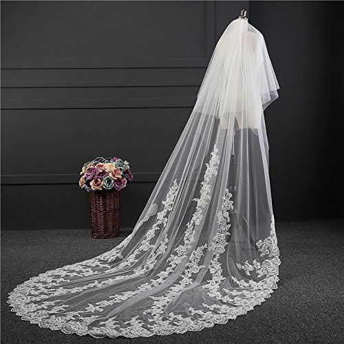 Yu* Wedding veil Bride wedding accessories Two-tier Cathedral Veils handmade row of flowers long tail/Cover type/Lace Applique Edge Tulle (Soft Net yarn), white