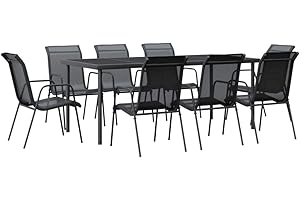 Festnight Essgruppe Garten Stahl Gartenmöbel Set 8 Stühle mit Tisch Schwarz,Sitzgruppe Garten Essgruppe 8 Personen,Gartenstühle Sitzgruppe Garten Stahl Terassenmöbel Stahl(190 cm Tischlänge)