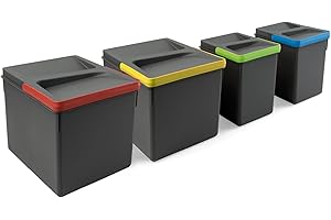 Emuca - Contenitori per cassetti da cucina con coperchio anti-odore, H 216 mm (2 x 12 L + 2 x6 L), Grigio antracite Tecnoplastica