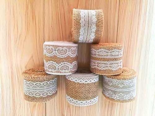 Schönes Leben* 6 Stück Natürliche Leinwand mit Weiß Spitze Juteband Lace Sackleinen Band Rolle für DIY Herstellung Hochzeit Handwerk Spitze Leinen, 78,7 Zoll pro Stück - 5