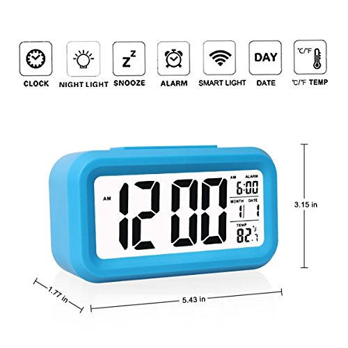 Bosdontek Smart LED-Digital-Wecker Snooze 5 Minuten, bald aufhören Alarmknöpfe, mit Datum, Temperatur-Sensor-Licht (blau) - 5