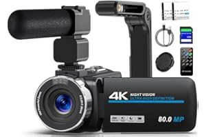 PITIKI Videokamera 4K 80MP Camcorder für YouTube,30FPS Webcam IR Nachtsicht Vlogging Kamera,18X Digitalzoom 3,0 270°IPS Bildschirm Video Camera mit SD Karte, 2 Batterien, Fernbedienung, und Handstabilisator