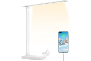 Lepro Lampe de Bureau avec Port USB 655 lm, Lampe Bureau 15W avec Adaptateur, 3 Modes de Couleur et 5 Niveaux de Luminosité Dimmable, Anti-Éblouissement, pour Lecture Travail Manucure - Blanc