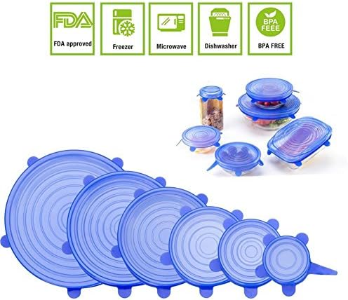 JJLng Stretch Lid Food Cover, FDA Silicone Cover Keeping Food Fresh Fit Various Sizes and Shapes of Silicone Stretch Lids 6-Pack(Blue)