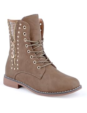 Damen Stiefeletten Stiefel Nieten Reißverschluss Blockabsatz Schnür Biker Boots Schuhe