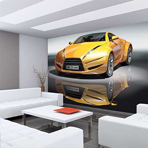 Fototapete 254×184 cm PREMIUM Wand Foto Tapete Wand Bild Papiertapete – Autos Tapete Sportwagen Auto Spiegelung gelb – no. 1591 - 6