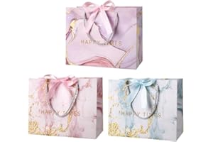 Newofview Pack of 3 Gift Bags, 25 x 20 x 12 cm, Gift Bag with Handle and Ribbons, Paper Bags, Party Bags, Gift Bags for Birthday, Christmas, Wedding, New Year