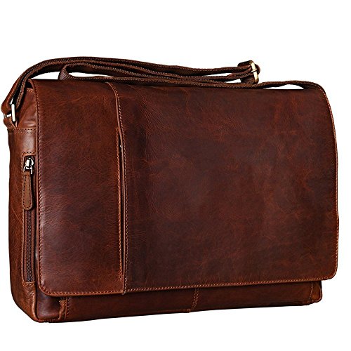 Leder Laptoptasche Herren Damen Unitasche Notebook Aktentasche Businesstasche Schultertasche Umhängetasche Groß 17.3 Zoll Büffel Leder, Cognac braun, Hergestellt in Italien