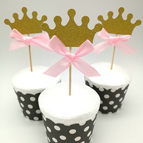 dooxoo handgefertigt Glitzer Krone Cupcake Topper Geburtstag Party Kuchen Topper Geburtstag Kuchen Dekorationen – Gold Pink Bow - 2