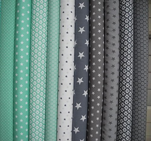 Lottashaus 10x Stoff Mint Türkis & Grau Sterne Stoffpaket No1 Stoffe Patchwork Shabby chic - 2