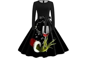 GENERISCH Grinch Kostüm Vintage Weihnachtskleid Damen Swing A Linie Kleid Grinch Merch Langarm Rundhals Cocktailkleid Kleid Weihnachten Elegant 1950s Druck Abendkleid Midikleid Grinch Kleid